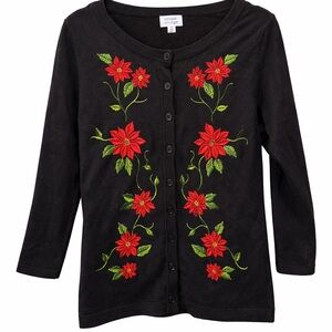 Unique Vintage Black Poinsettia Embroidered Cardigan | Size M | Retro Holiday